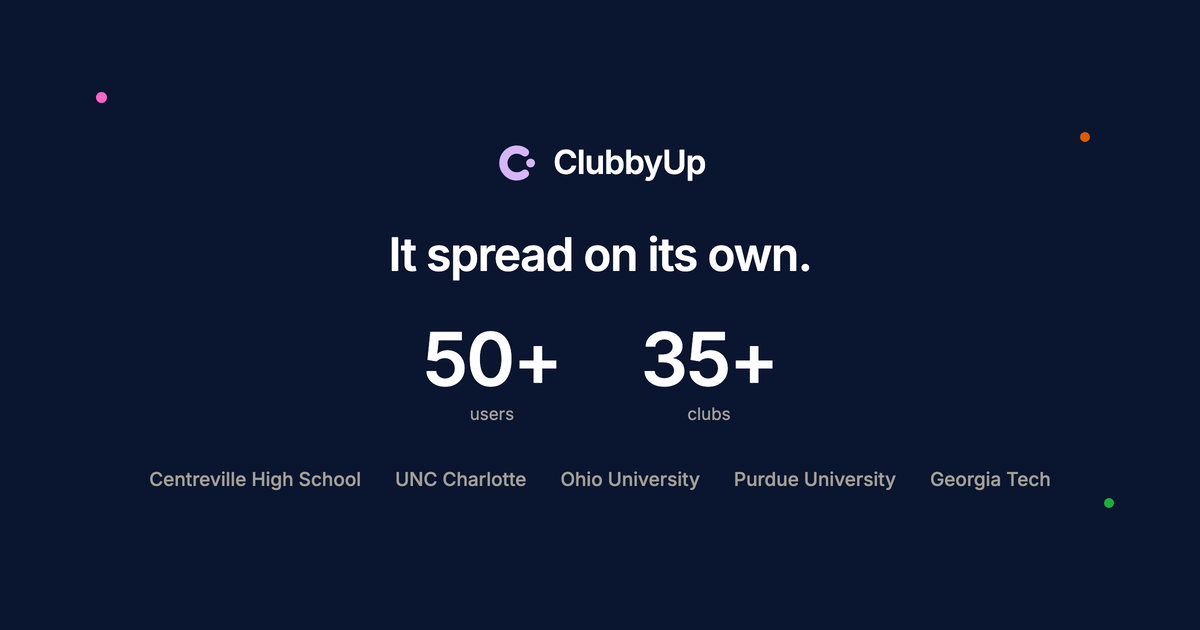 ClubbyUp promotional traction card: 50+ users and 35+ clubs.